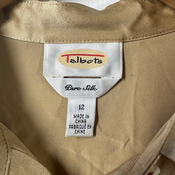 Talbots Top Women 12 Tan Pure Silk Button Up Long Sleeve Minimal Quite Luxury - Picture 4 of 6